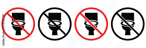 No Toilet Sign Vector Icon Set – Prohibited Restroom Symbols and Out of Order Warning
 Signs in Red and Black Circle Design