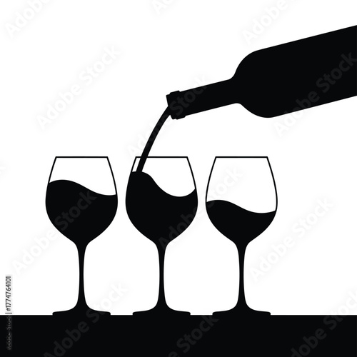 Silhouette of wine being poured into three glasses from a bottle