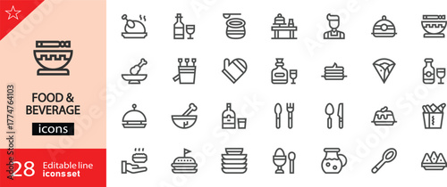Food and beverage icons set. Includes symbols of meals, snacks, drinks, kitchen items, and dining elements. Editable stroke. Vector illustration. Outline icons. Perfect for restaurant projects. 