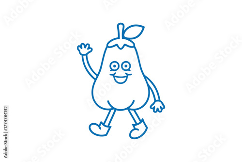 Joyful pear cartoon character in blue outline happily waves while walking