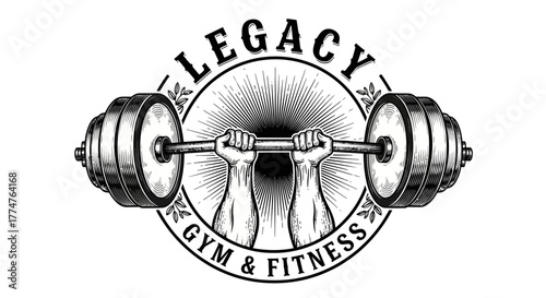 A black and white vintage-style logo for Legacy Gym & Fitness featuring muscular arms lifting a heavy barbell.
