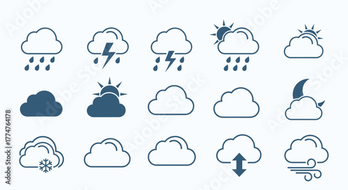 A collection of weather icons representing various atmospheric conditions and phenomena.