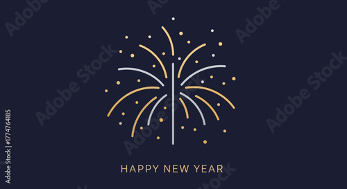 Minimalist illustration of fireworks exploding with 'HAPPY NEW YEAR' text on a dark blue background, celebrating the holiday season.