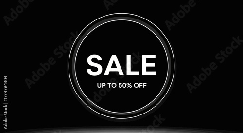 A black and white circular sale graphic with the word SALE and the text UP TO 50% OFF.