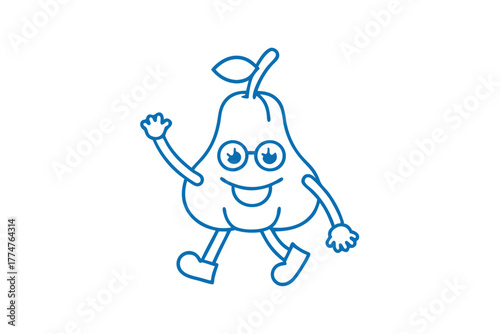 Whimsical pear character with glasses walks cheerfully waving its hand in blue outline