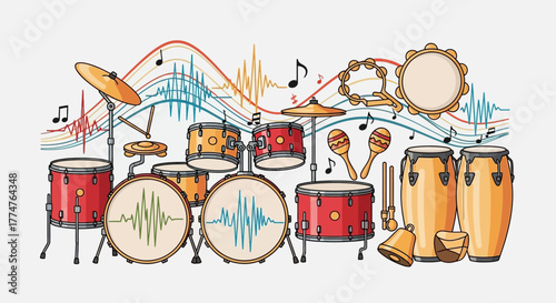 A vibrant illustration of various percussion instruments like a drum kit, congas, maracas, and tambourine, with musical notes and sound waves.