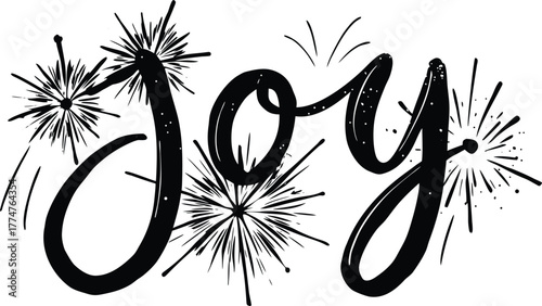 Black silhouette of the word joy with sparkling fireworks in a silhouette style