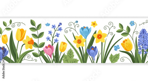 Floral border with tulips, daffodils, hyacinths, and other spring flowers on a white background.