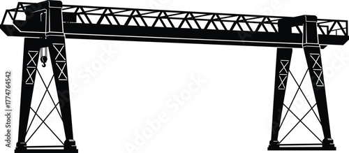 Industrial gantry crane silhouette illustration, heavy lifting machinery, shipyard equipment, construction site structure, engineering design, cargo handling, urban industrial background
