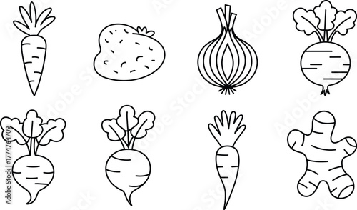 Black and white line art illustration of assorted root vegetables including carrot, potato, onion, beetroot, turnip,