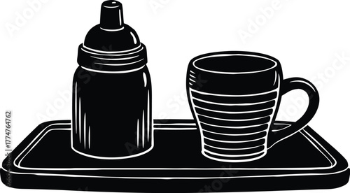 A baby bottle and a striped mug on a tray silhouette