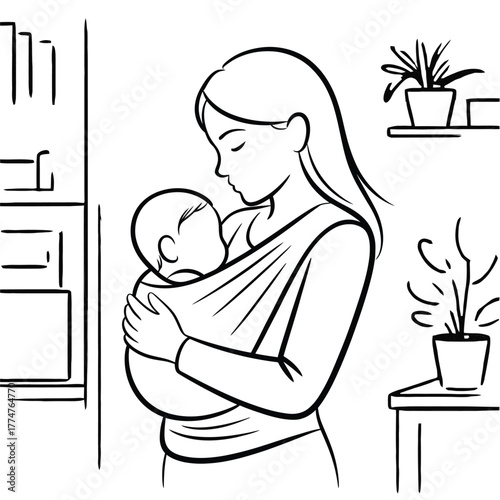 Mother holding baby in a sling with plants in the background