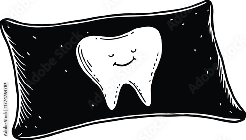 A cartoon tooth with a happy face on a black pirate flag silhouette