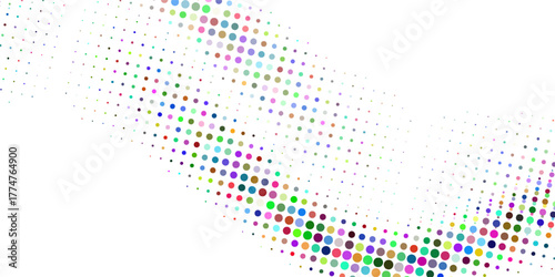 A vivid shower of rainbow-colored bubbles cascading diagonally, creating a lively and effervescent pattern on a white background.