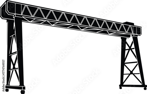 Mobile gantry crane silhouette illustration, industrial lifting machinery, shipyard equipment, construction site structure, cargo handling, engineering design, heavy load transport