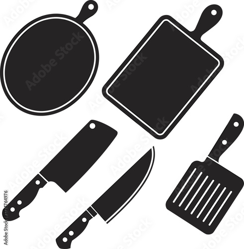 Black and white silhouette illustration of kitchen utensils with knife, cutting board, spatula, and pan for cooking design concept