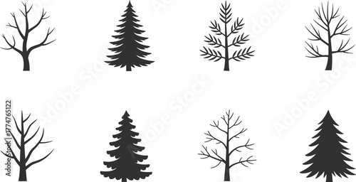 Collection of various black and white tree silhouettes, winter and evergreen trees illustration set, natural forest elements