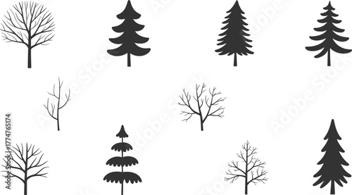 Collection of various black and white tree silhouettes, winter and evergreen trees illustration set, natural forest elements