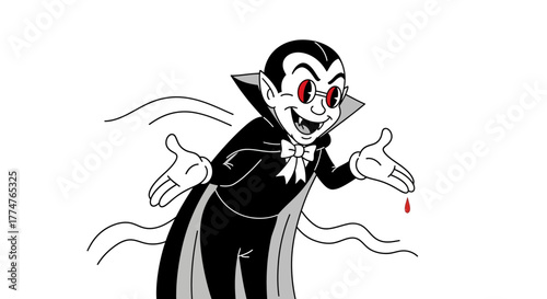 Happy vampire character welcomes you with open arms, dripping blood, perfect for Halloween designs and spooky campaigns