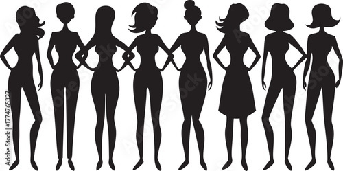 A collection of vector silhouettes featuring woman, man, and model girls in various pose, body outline, and fashion style