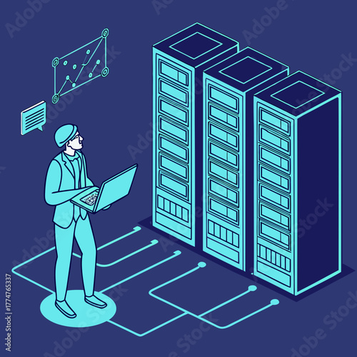 Data center technician monitoring servers with laptop and network graph