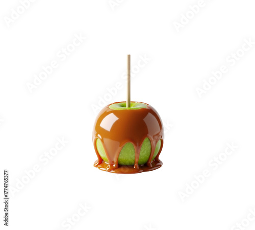Fresh green Granny Smith apple coated in thick flowing caramel sauce sweet dessert treat on stick