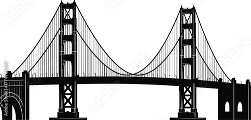 Suspension bridge silhouette illustration, architectural engineering structure, urban skyline landmark, transportation design, iconic infrastructure, city connection, black and white drawing