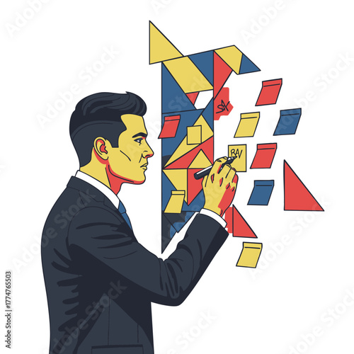 Focused businessman analyzing and developing new strategies with sticky notes and abstract geometric shapes, symbolizing innovation and future growth