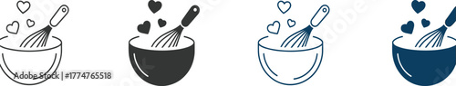 Creative cooking bowl with whisk and hearts icon, love for baking illustration, kitchen utensil design
