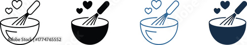 Creative cooking bowl with whisk and hearts icon, love for baking illustration, kitchen utensil design