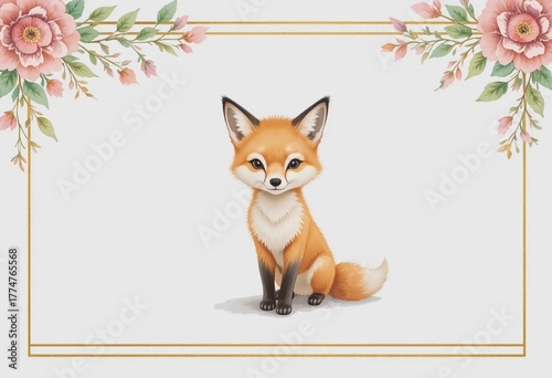 Adorable baby fox with pastel floral border watercolor illustration