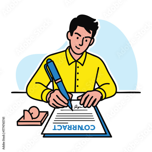 Professional businessman signing a crucial legal contract with a pen, finalizing an important agreement on his desk in a modern corporate setting