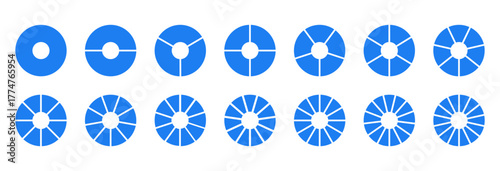 Circle division on from 1 to 14 equal parts. Wheel life round divided diagrams with segments. Blank infographic progress blue icons. Coaching flat tool. Segmented simple pinwheels.