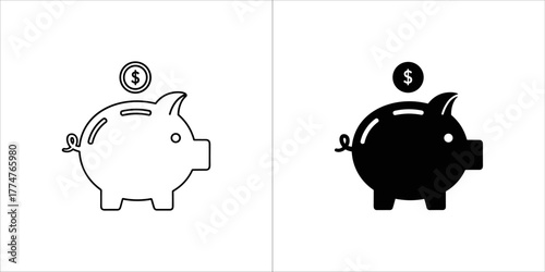 Piggy bank line art illustration in black and white