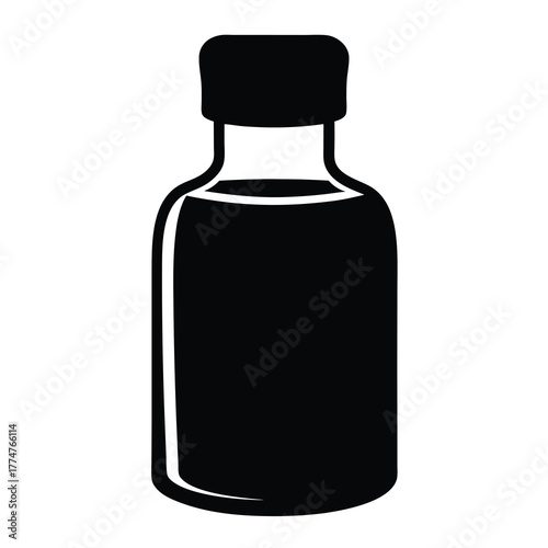 Monochrome image of a simple medicine bottle with a squared cap
