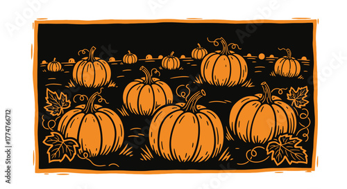 Charming pumpkin patch illustration for autumn designs, perfect for Thanksgiving, Halloween, and seasonal celebrations with vintage appeal
