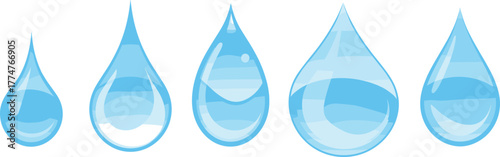 Fotografi Five shiny blue water droplets hanging against light background, clean fresh liq