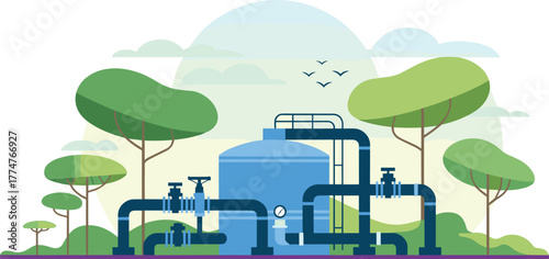 Flat design illustration of industrial water treatment plant with pipelines, storage tank, and green eco environment for sustainable energy concept
