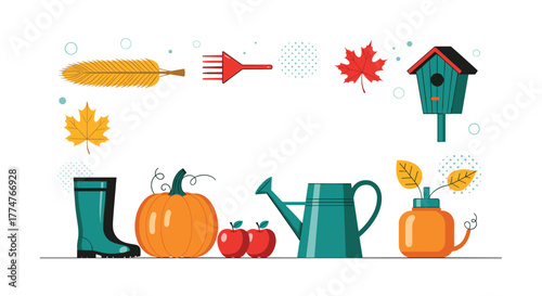 Collection of autumn and gardening season essentials, including pumpkins, apples, fallen leaves, a rake, and a watering can.