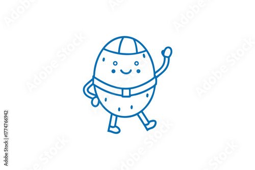 Smiling potato with belt and hat strides forward while waving hello cheerfully