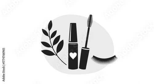 Minimalist illustration of mascara, false eyelashes, and a leafy branch, symbolizing natural beauty and essential eye makeup products.