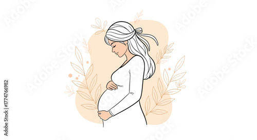 Beautiful pregnant woman with closed eyes gently cradling her baby bump, surrounded by soft, artistic botanical elements.