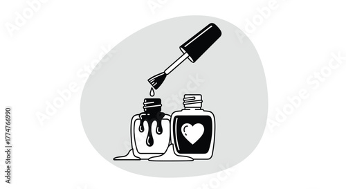 A black nail polish brush drips into an open bottle with spilled black polish, placed next to a black bottle featuring a white heart design.