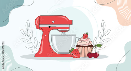 A charming illustration of a red stand mixer, a delicious cupcake, and fresh berries with leaves, on a light abstract background, perfect for baking themes.