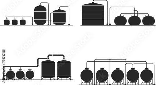 Industrial oil storage tanks and refinery processing plant system illustration, petroleum chemical production facility,