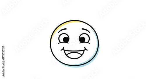 Simple black outline drawing of a happy emoji face with a wide, open smile and joyful eyes, enhanced with subtle color accents, isolated on white.