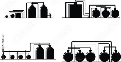 Industrial oil storage tanks and refinery processing plant system illustration, petroleum chemical production facility,