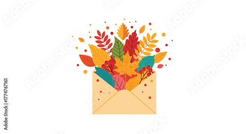A vibrant autumn illustration depicts an open envelope overflowing with colorful fall leaves, berries, and scattered festive elements, perfect for seasonal greetings.