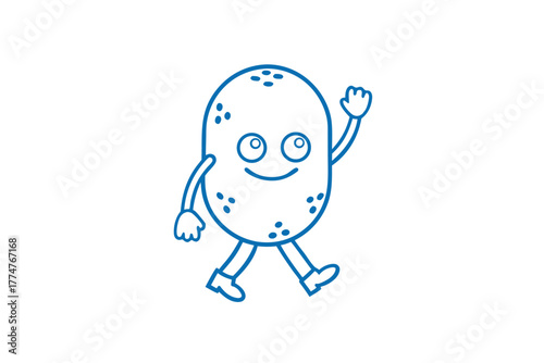 Smiling cartoon potato character is cheerfully walking and waving hello in a friendly manner