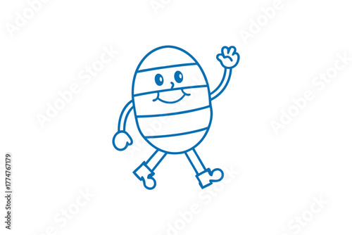 Cheerful stylized blue egg character cheerfully walks and waves on a white background